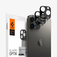AGL03381 - iPhone 13 Pro Max / iPhone 13 Pro Optik Lens Protector in black showing the packaging, device and two lens protectors